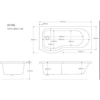 Raumspar Badewanne Skali mit Duschzone 167,5x85/75cm rechts weiß Komplett-Set 